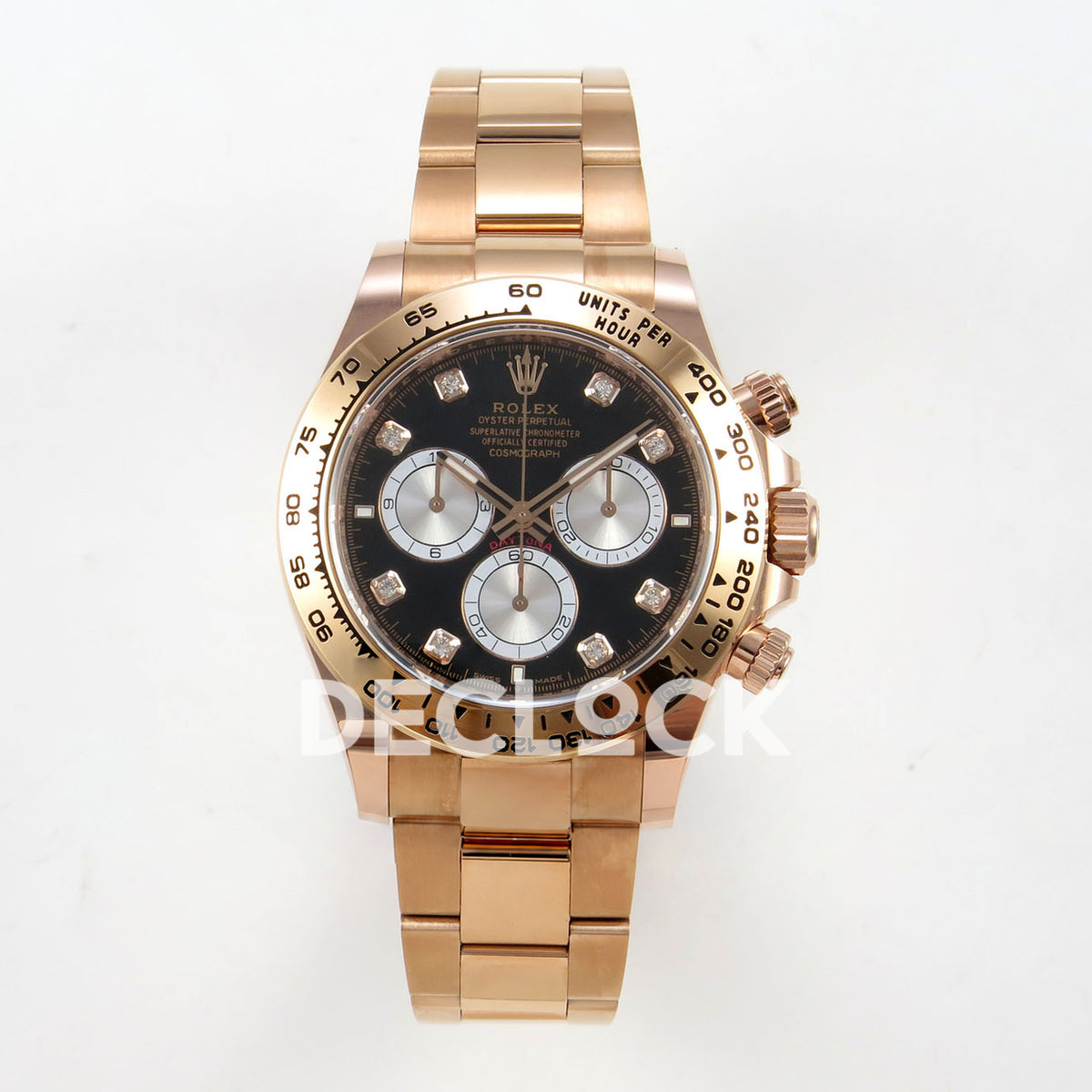 Rolex Daytona 126505 BTF replica - front view of black dial, full silver counters, clear gem-set hour markers, rose-gold-tone tachymeter bezel and bracelet