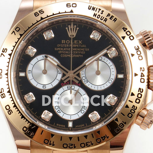 Rolex Daytona 126505 BTF replica - original black dial, silver chronograph faces, clear square gem-set markers and rose-gold tachymeter bezel