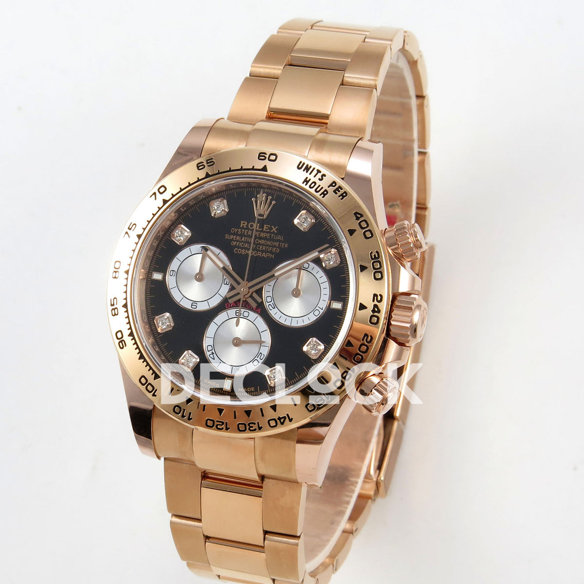 Rolex Daytona 126505 BTF replica - original black dial, silver chronograph faces, clear square gem-set markers and rose-gold tachymeter bezel
