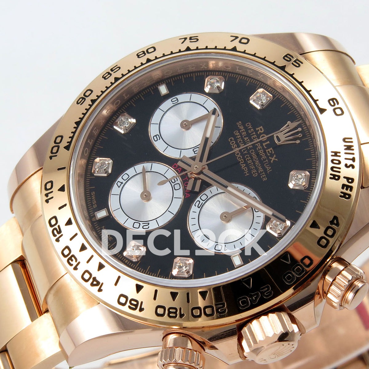 Rolex Daytona 126505 BTF replica - original black dial, silver chronograph faces, clear square gem-set markers and rose-gold tachymeter bezel