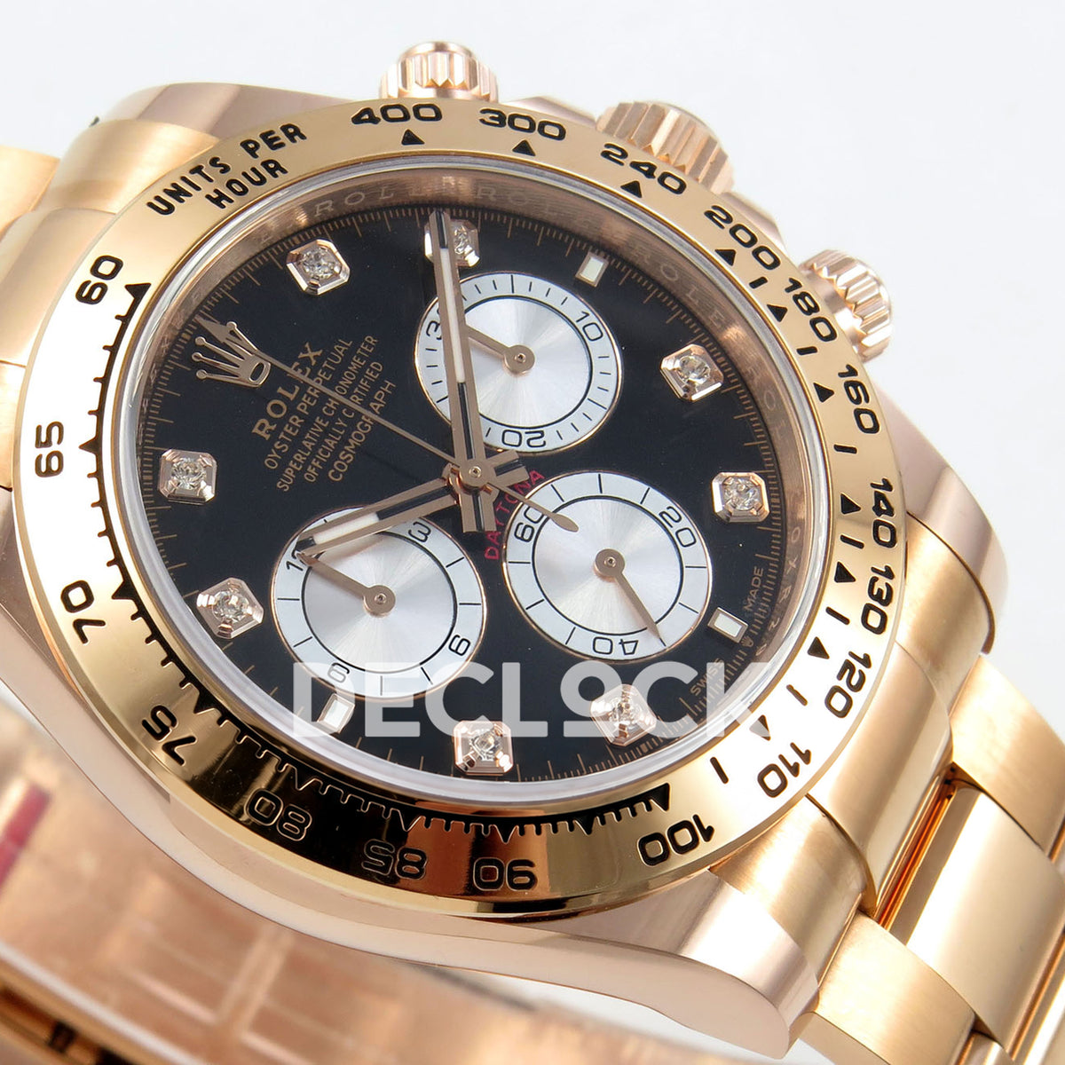 Rolex Daytona 126505 BTF replica - original black dial, silver chronograph faces, clear square gem-set markers and rose-gold tachymeter bezel