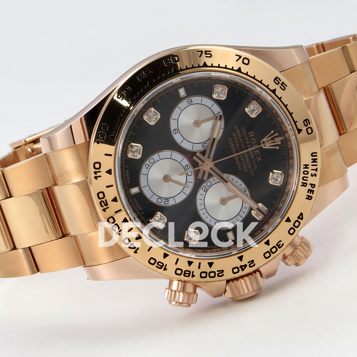 Rolex Daytona 126505 BTF replica - original black dial, silver chronograph faces, clear square gem-set markers and rose-gold tachymeter bezel