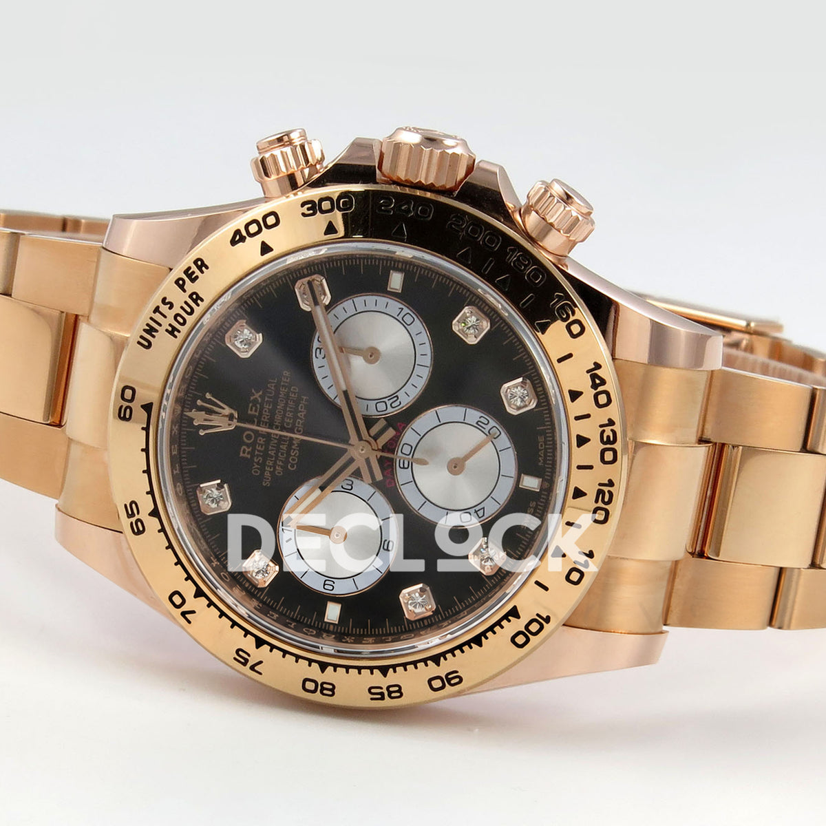 Rolex Daytona 126505 BTF replica - original black dial, silver chronograph faces, clear square gem-set markers and rose-gold tachymeter bezel