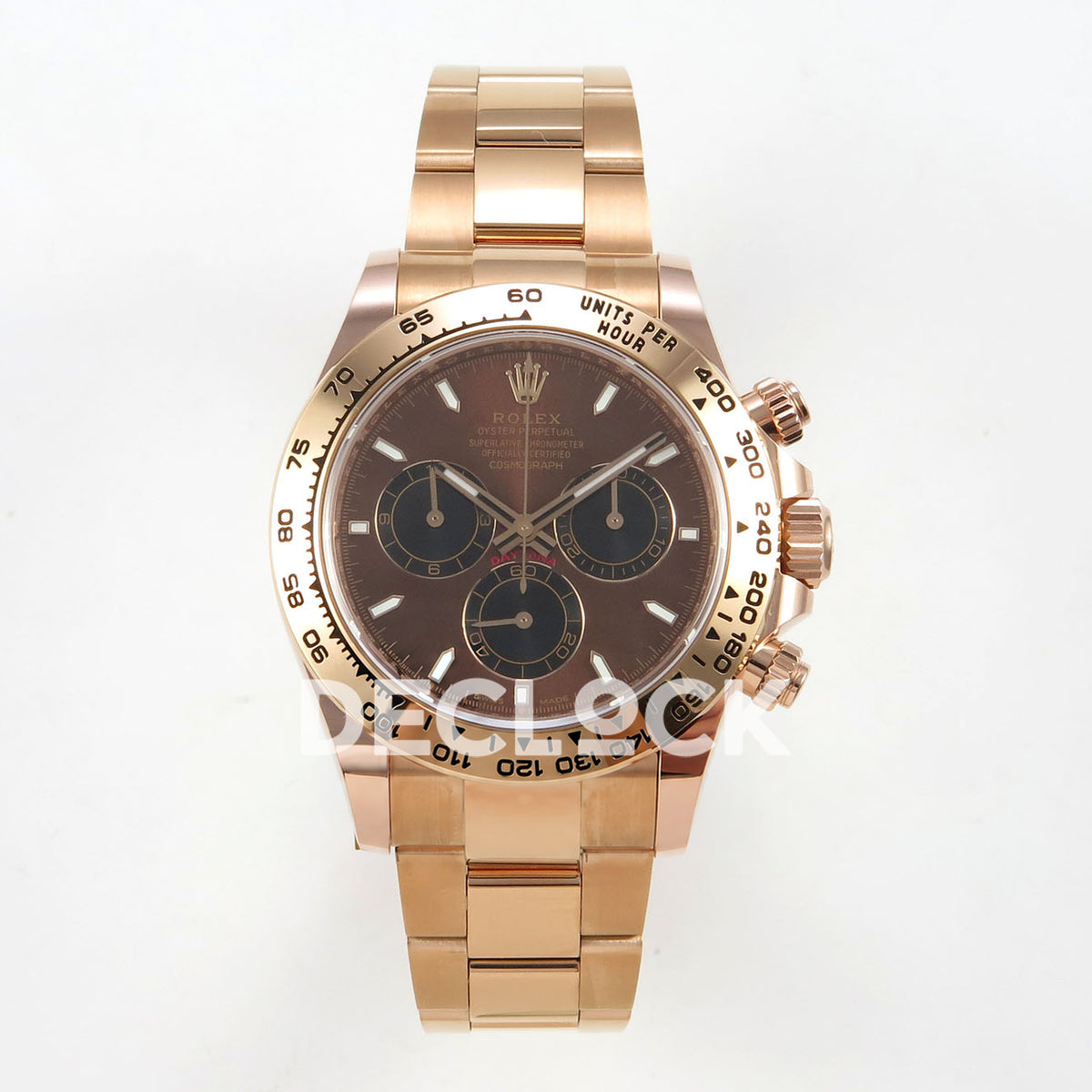 Rolex Daytona 126505 BTF replica - front view of brown sunburst dial, black chronograph counters, luminous baton markers, rose-gold-tone metal tachymeter bezel and bracelet