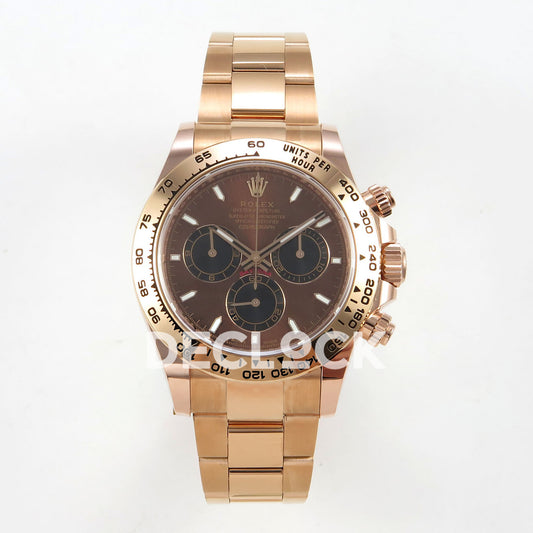 Rolex Daytona 126505 BTF replica - front view of brown sunburst dial, black chronograph counters, luminous baton markers, rose-gold-tone metal tachymeter bezel and bracelet