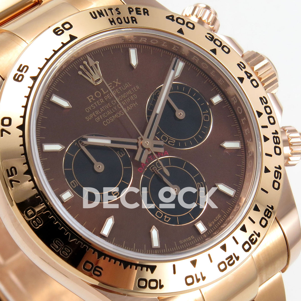 Rolex Daytona 126505 BTF replica - angled brown sunburst dial with black chronograph counters, thin rose-gold-tone rings and luminous baton markers