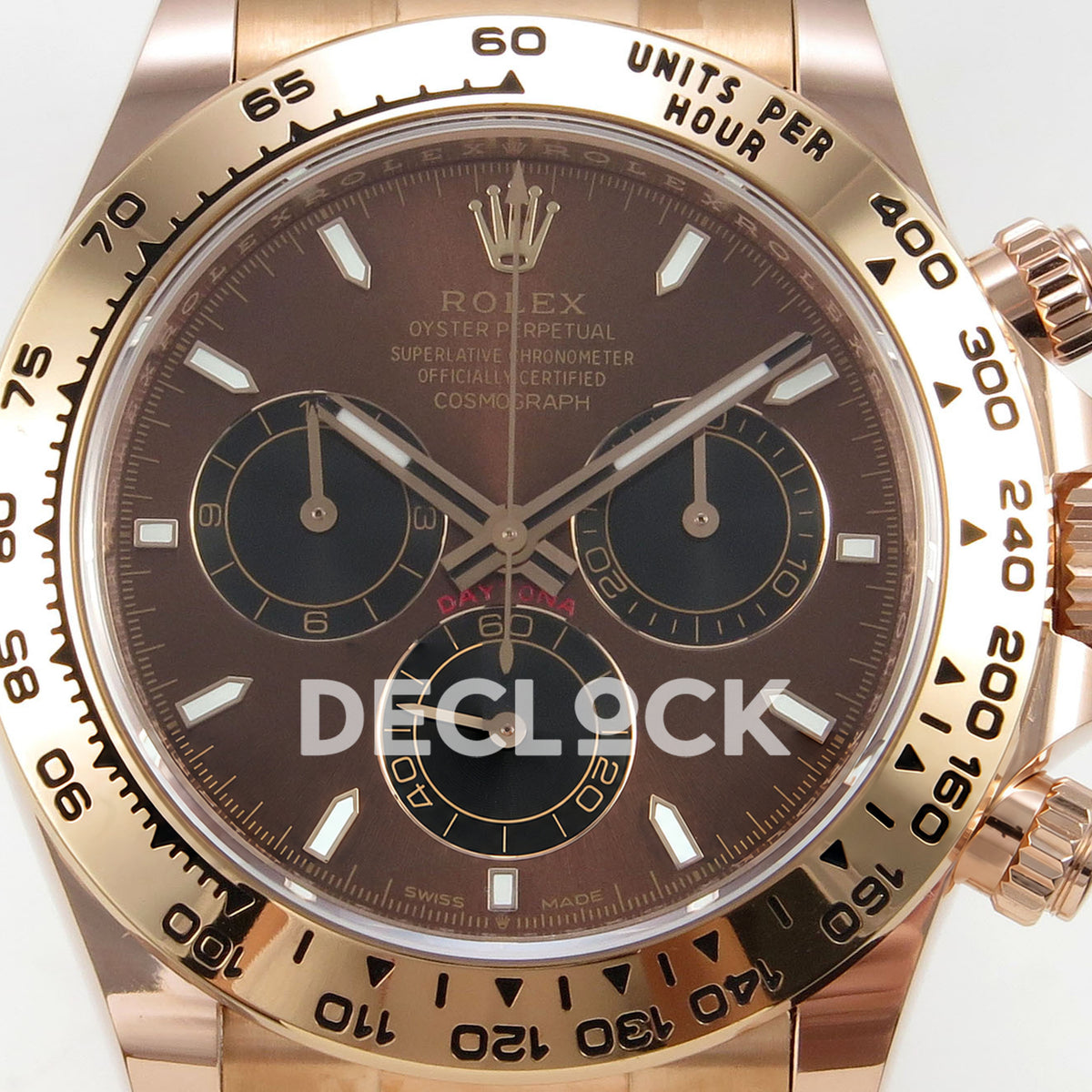 Rolex Daytona 126505 BTF replica - original brown sunburst dial, black chronograph counters with thin rose-gold rings, luminous baton markers and rose-gold tachymeter bezel