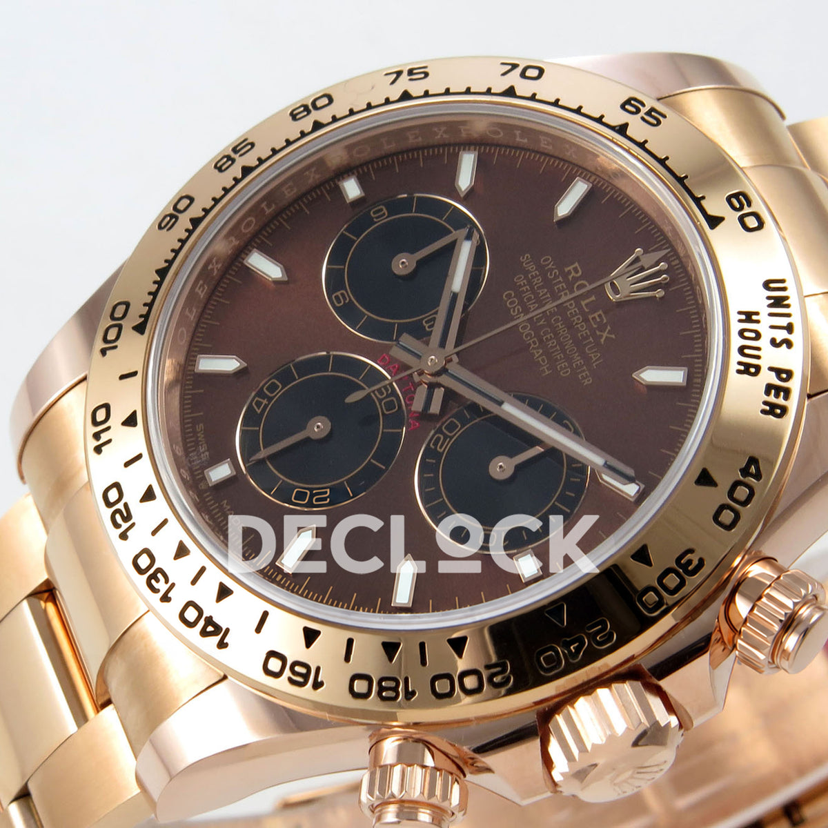 Rolex Daytona 126505 BTF replica - original brown sunburst dial, black chronograph counters with thin rose-gold rings, luminous baton markers and rose-gold tachymeter bezel