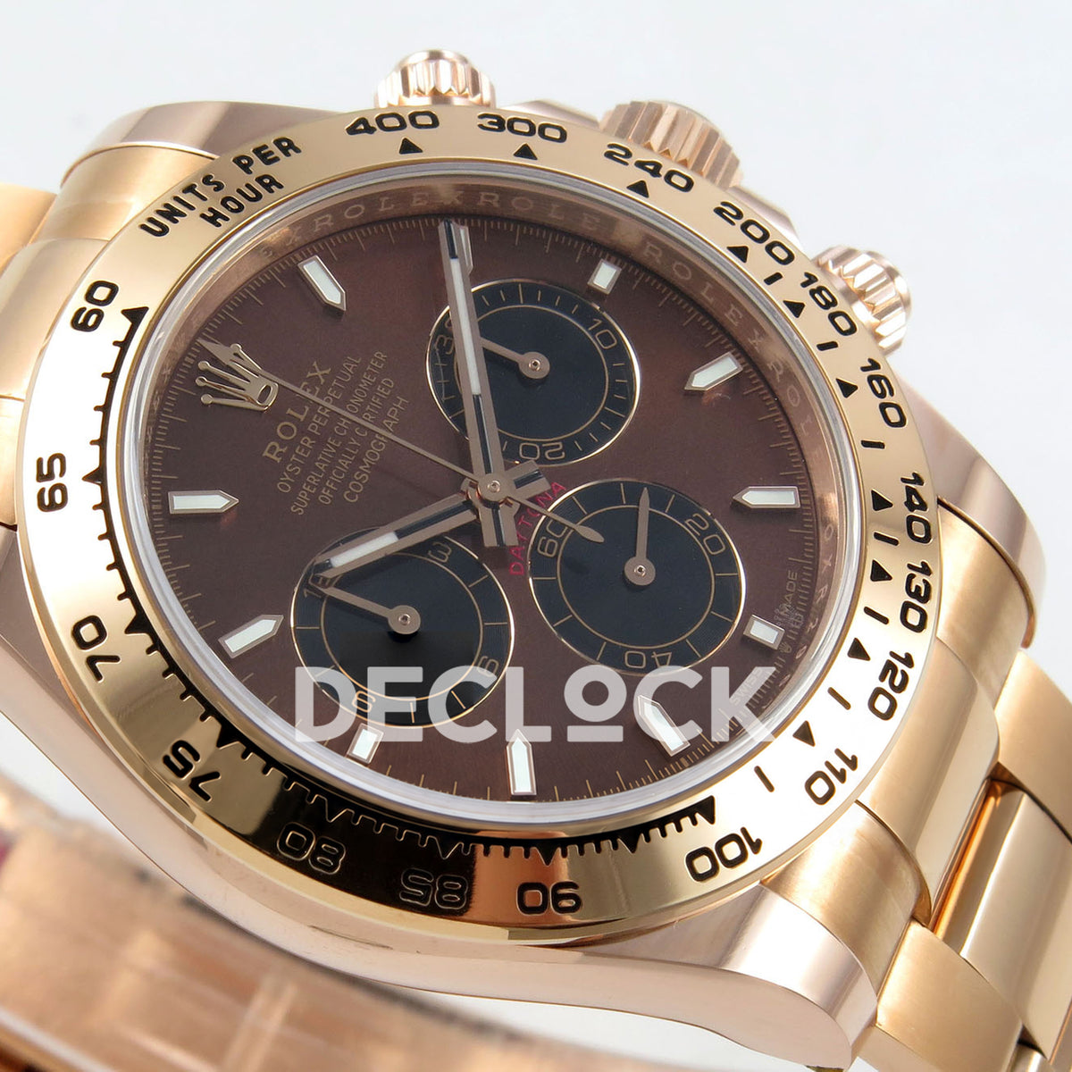 Rolex Daytona 126505 BTF replica - original brown sunburst dial, black chronograph counters with thin rose-gold rings, luminous baton markers and rose-gold tachymeter bezel