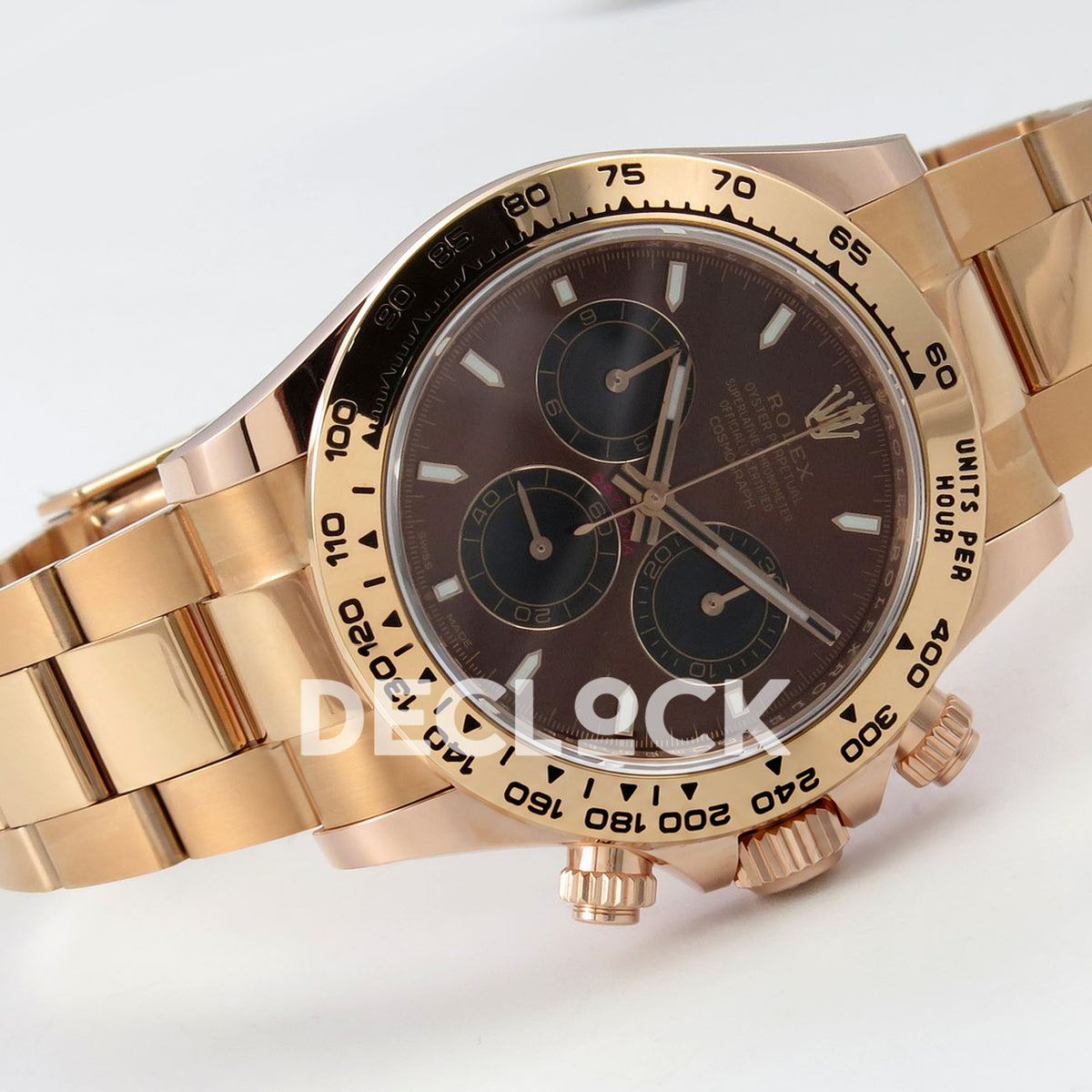 Rolex Daytona 126505 BTF replica - original brown sunburst dial, black chronograph counters with thin rose-gold rings, luminous baton markers and rose-gold tachymeter bezel