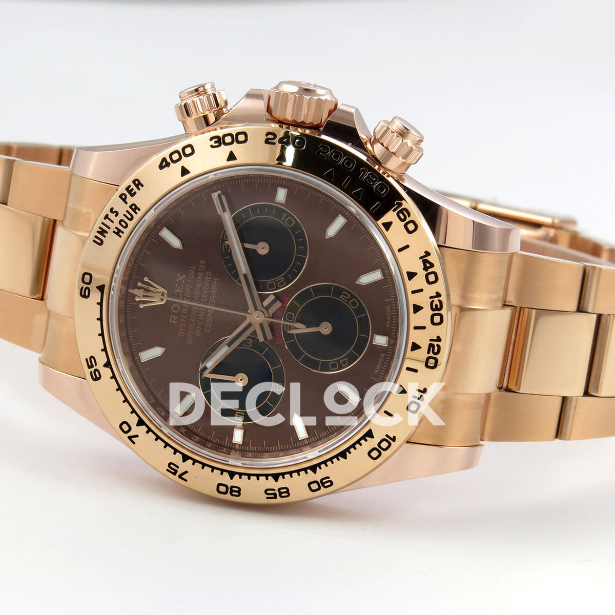 Rolex Daytona 126505 BTF replica - original brown sunburst dial, black chronograph counters with thin rose-gold rings, luminous baton markers and rose-gold tachymeter bezel