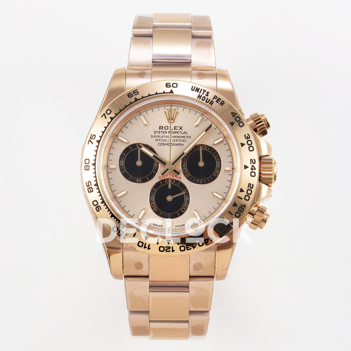 Rolex Daytona 126505 VSF replica - front view of rose-gold-tone dial, black subdials and Oyster-style bracelet