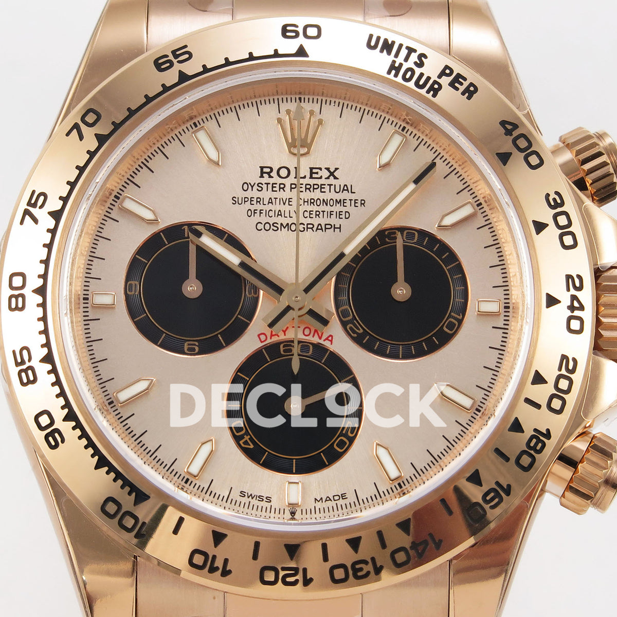 Rolex Daytona 126505 VSF replica - rose-gold-tone dial, black subdials with gold numerals and metal tachymeter bezel close-up