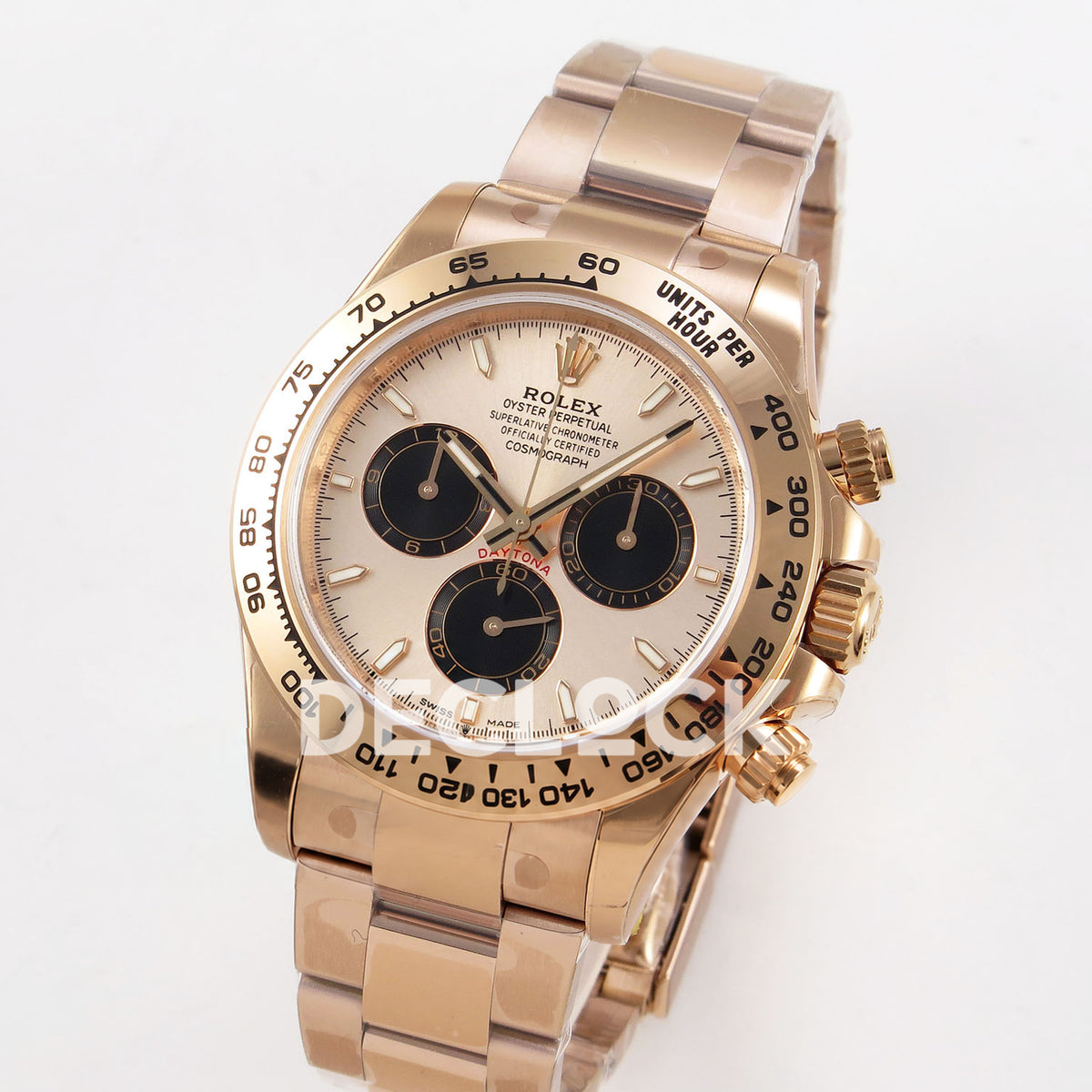 Rolex Daytona 126505 VSF replica - angled front view with rose-gold-finish case and bracelet