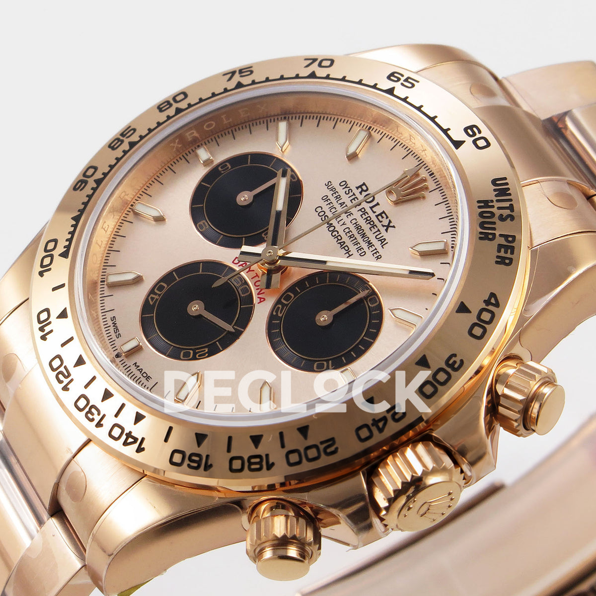 Rolex Daytona 126505 VSF replica - dial, off-white luminous hour indexes and metal tachymeter bezel detail