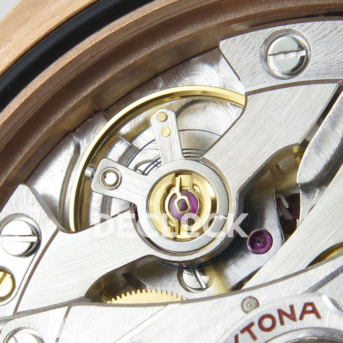 Rolex Daytona 126505 VSF replica - balance wheel, jewels and movement bridge close-up