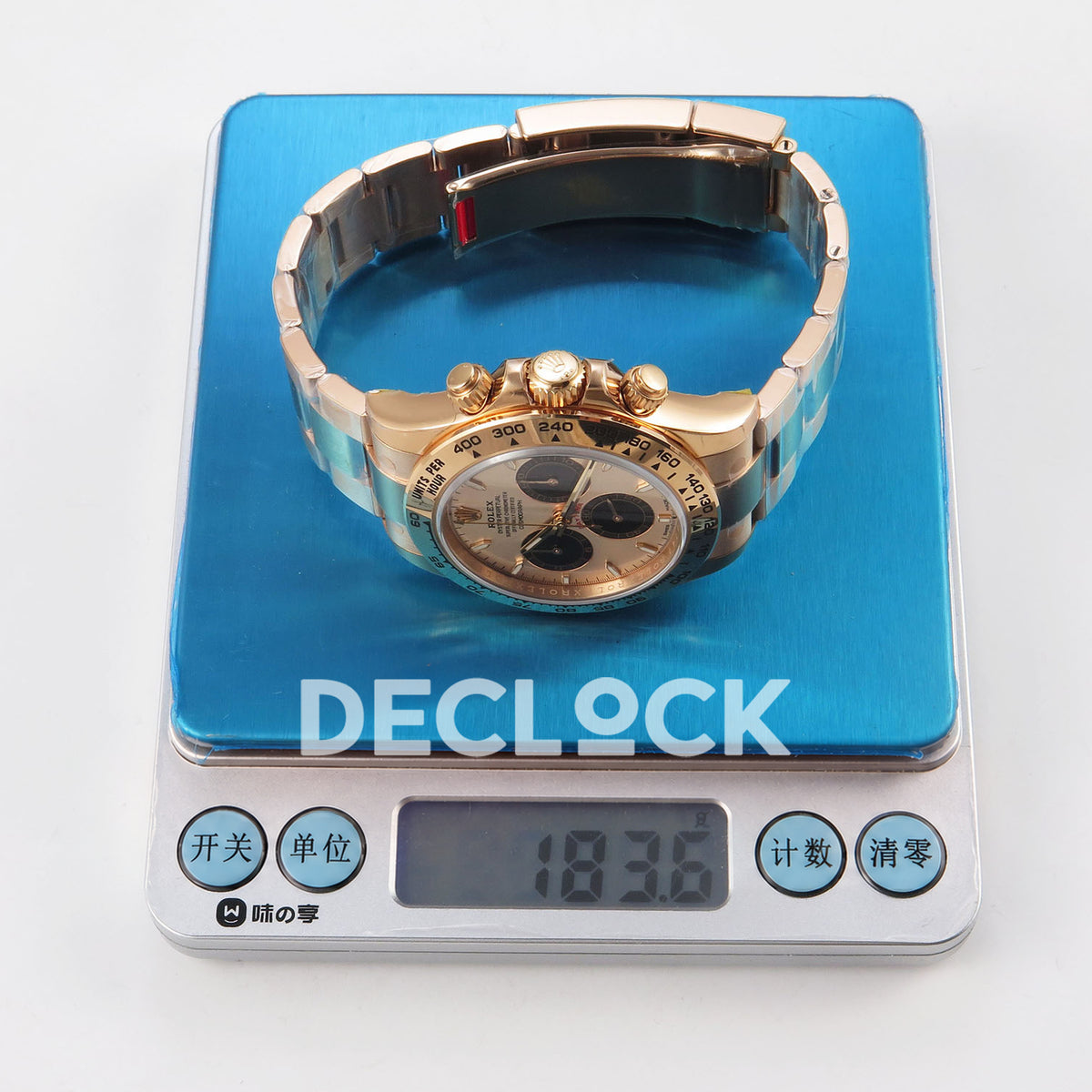 Rolex Daytona 126505 VSF replica - original digital scale showing 183.6g