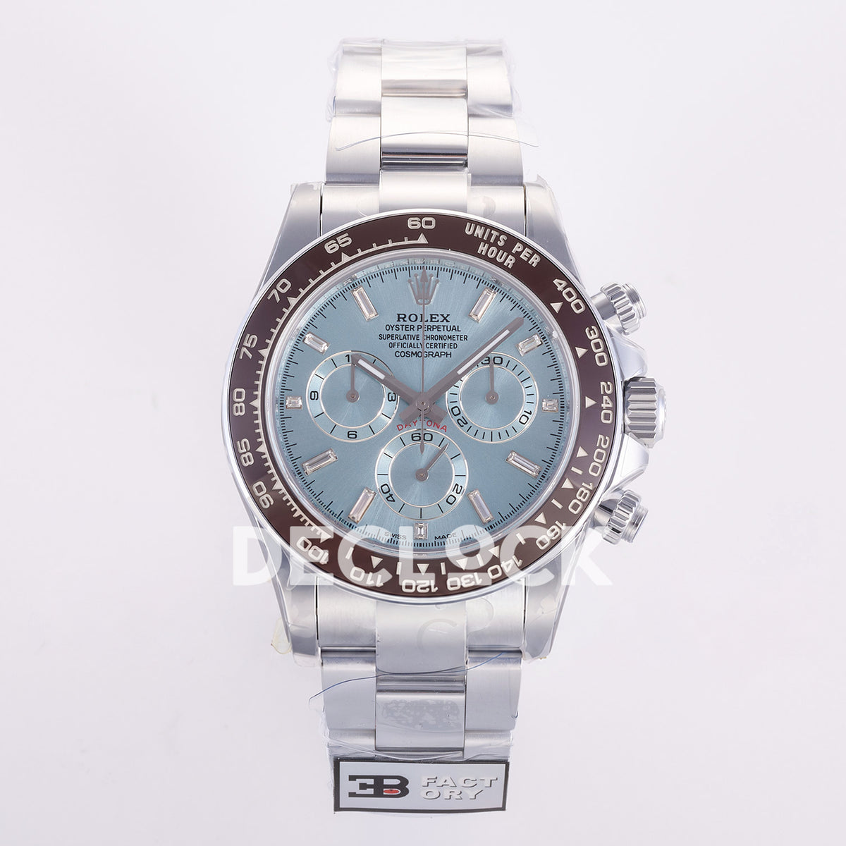 Rolex Daytona 126506 3BF replica - front ice-blue sunburst dial,light silver chronograph rings,clear baguette hourmarkers,brown ceramic tachymeter bezel and silver bracelet with original3BF tag