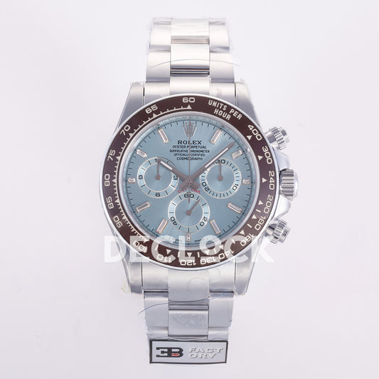 Rolex Daytona 126506 3BF replica - front ice-blue sunburst dial,light silver chronograph rings,clear baguette hourmarkers,brown ceramic tachymeter bezel and silver bracelet with original3BF tag