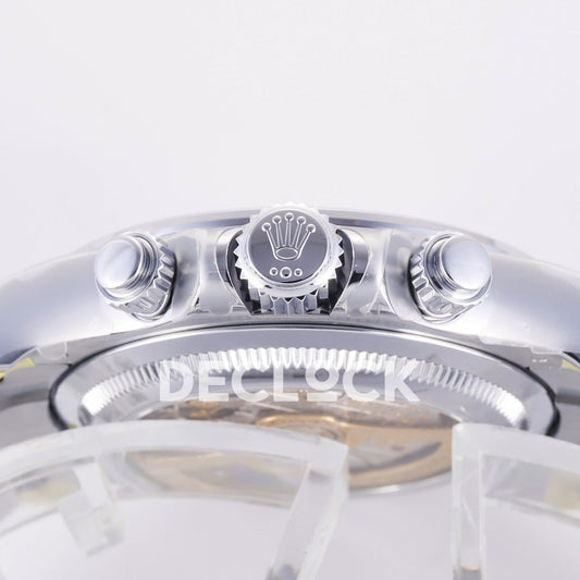 Rolex Daytona 126506 3BF replica - silver crown and screw-down pushers with original Rolex emblem and protective film