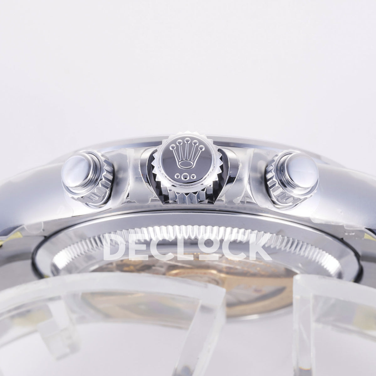 Rolex Daytona 126506 3BF replica - silver crown and screw-down pushers with original Rolex emblem and protective film