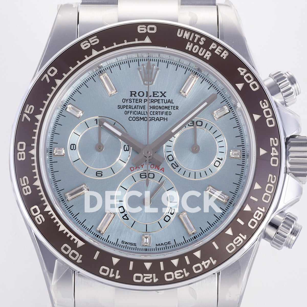 Rolex Daytona 126506 3BF replica - original ice-blue sunburst dial, clear baguette markers, silver chronograph rings and brown ceramic bezel