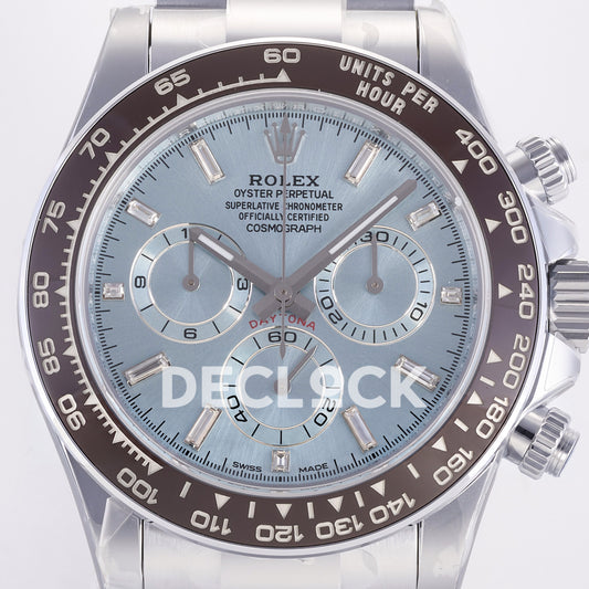 Rolex Daytona 126506 3BF replica - original ice-blue sunburst dial, clear baguette markers, silver chronograph rings and brown ceramic bezel