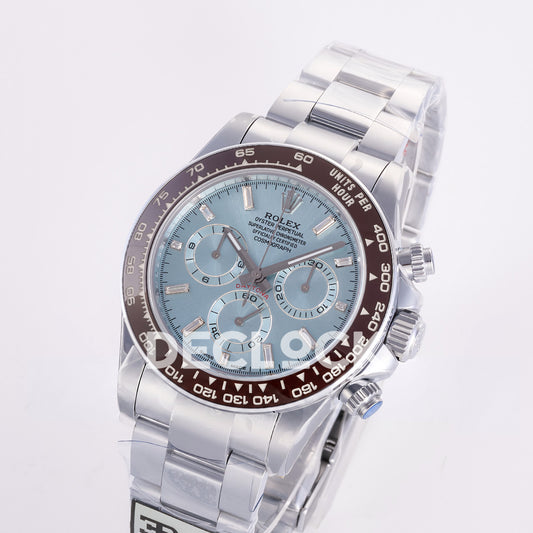 Rolex Daytona 126506 3BF replica - original ice-blue sunburst dial, clear baguette markers, silver chronograph rings and brown ceramic bezel
