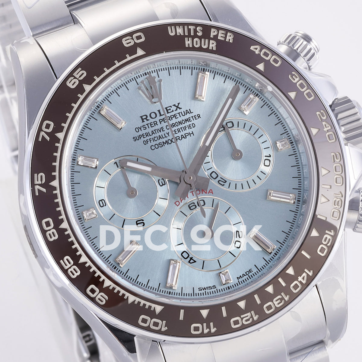 Rolex Daytona 126506 3BF replica - original ice-blue sunburst dial, clear baguette markers, silver chronograph rings and brown ceramic bezel