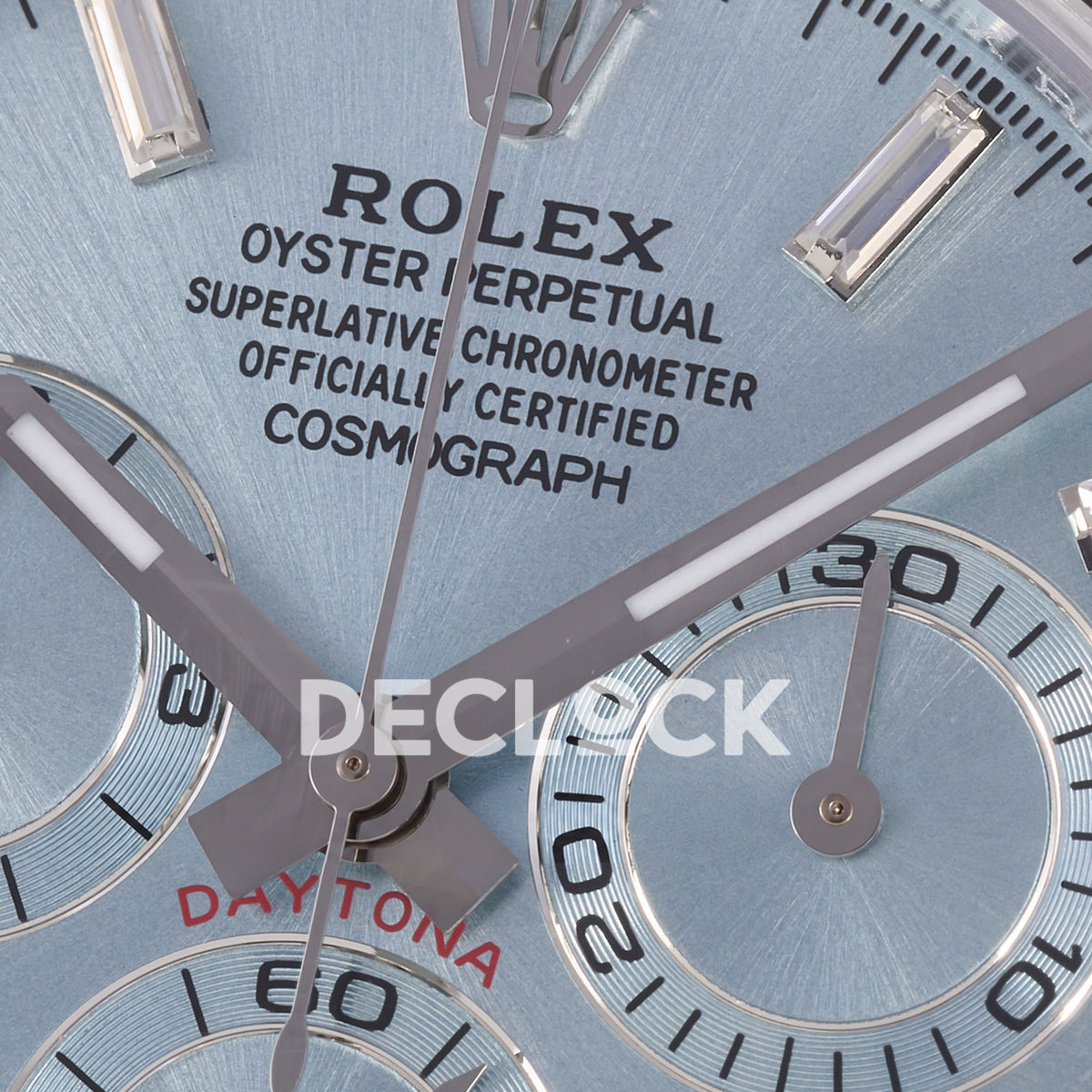 Rolex Daytona 126506 3BF replica - original ice-blue sunburst dial, clear baguette markers, silver chronograph rings and brown ceramic bezel