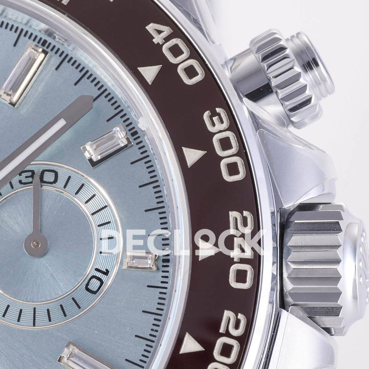 Rolex Daytona 126506 3BF replica - original ice-blue sunburst dial, clear baguette markers, silver chronograph rings and brown ceramic bezel
