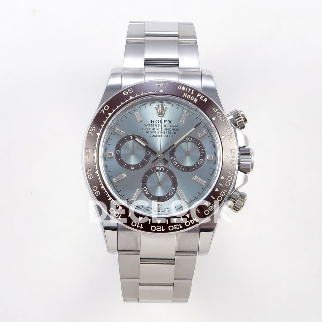 Rolex Daytona 126506 BTF replica, front view with ice blue crystal-marker dial and Oyster bracelet 126506