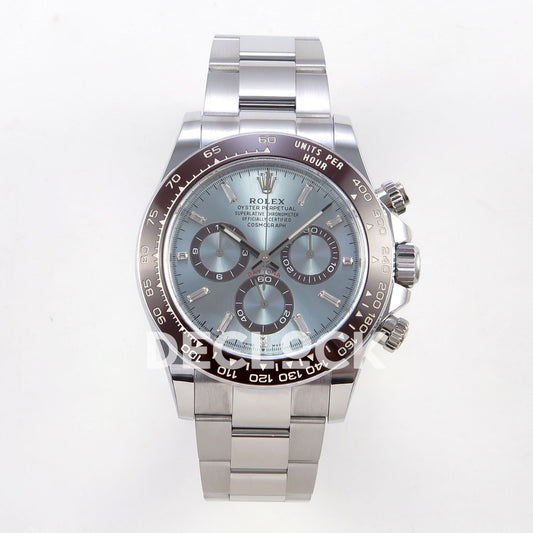 Rolex Daytona 126506 BTF replica, front view with ice blue crystal-marker dial and Oyster bracelet