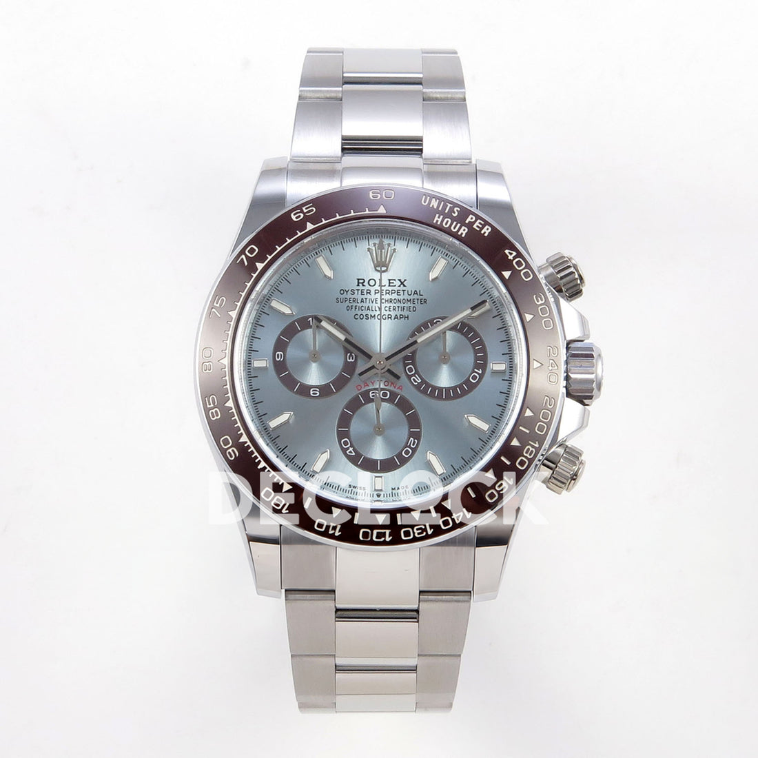 Rolex Daytona 126506 BTF replica, front view with ice blue dial and Oyster bracelet 126506