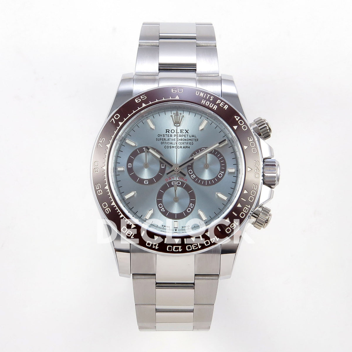 Rolex Daytona 126506 BTF replica, front view with ice blue dial and Oyster bracelet