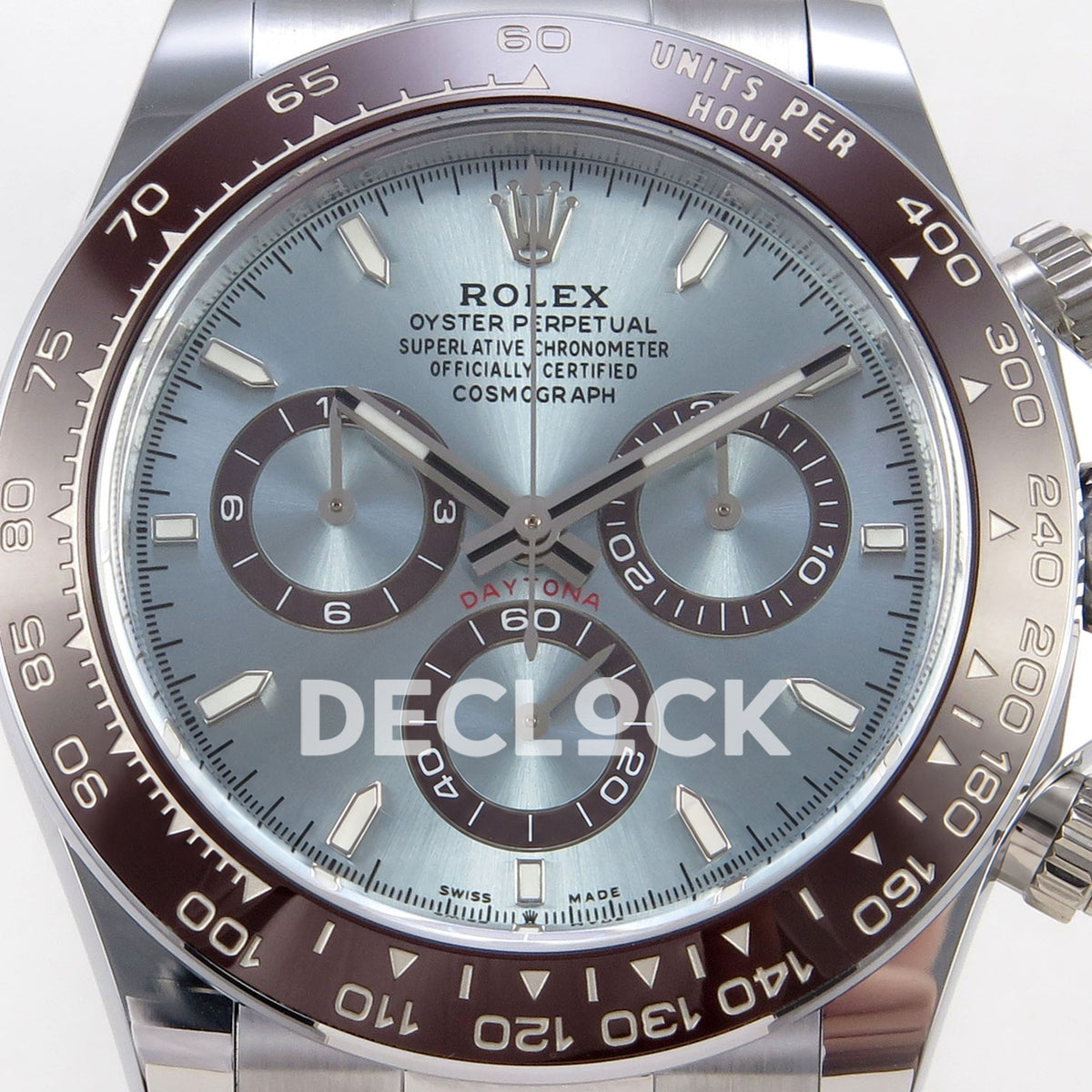 Rolex Daytona 126506 BTF replica, ice blue dial and brown tachymeter close-up