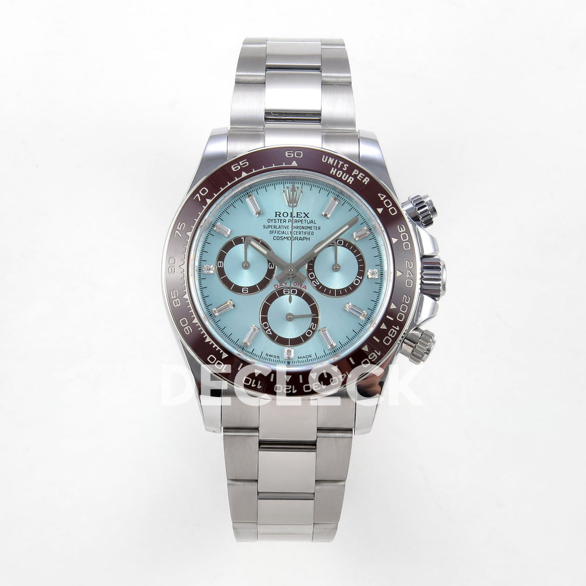 Rolex Daytona 126506 Ice Blue Crystal QF V13 replica - front view of ice-blue crystal-marker dial and steel bracelet