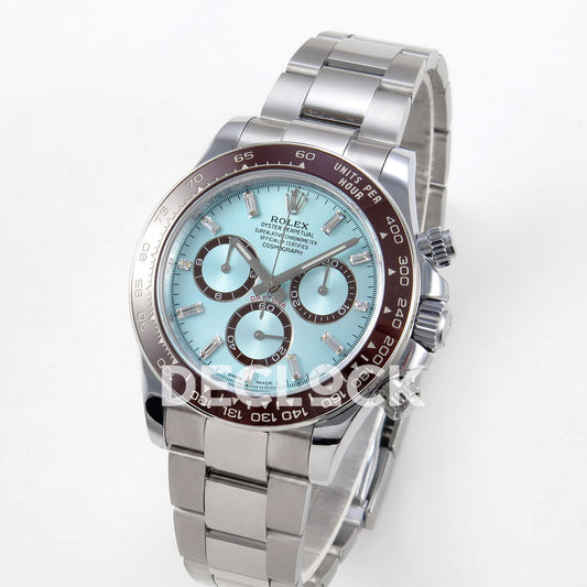 Rolex Daytona 126506 Ice Blue Crystal QF V13 replica - angled front view of dial and steel bracelet