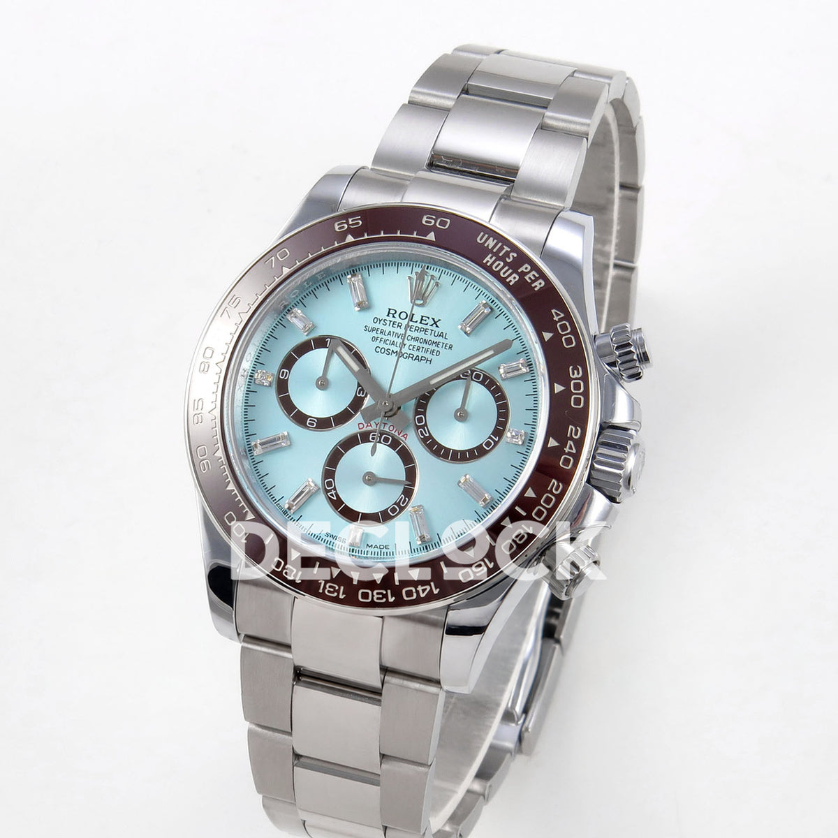 Rolex Daytona 126506 Ice Blue Crystal QF V13 replica - angled front view of dial and steel bracelet