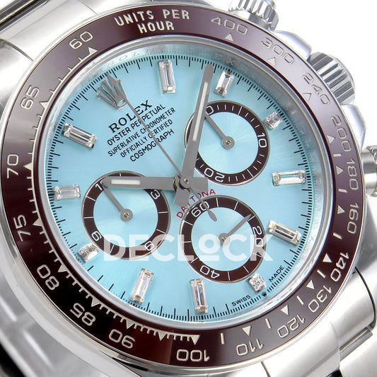 Rolex Daytona 126506 Ice Blue Crystal QF V13 replica - angled ice-blue dial and brown subdial rings close-up