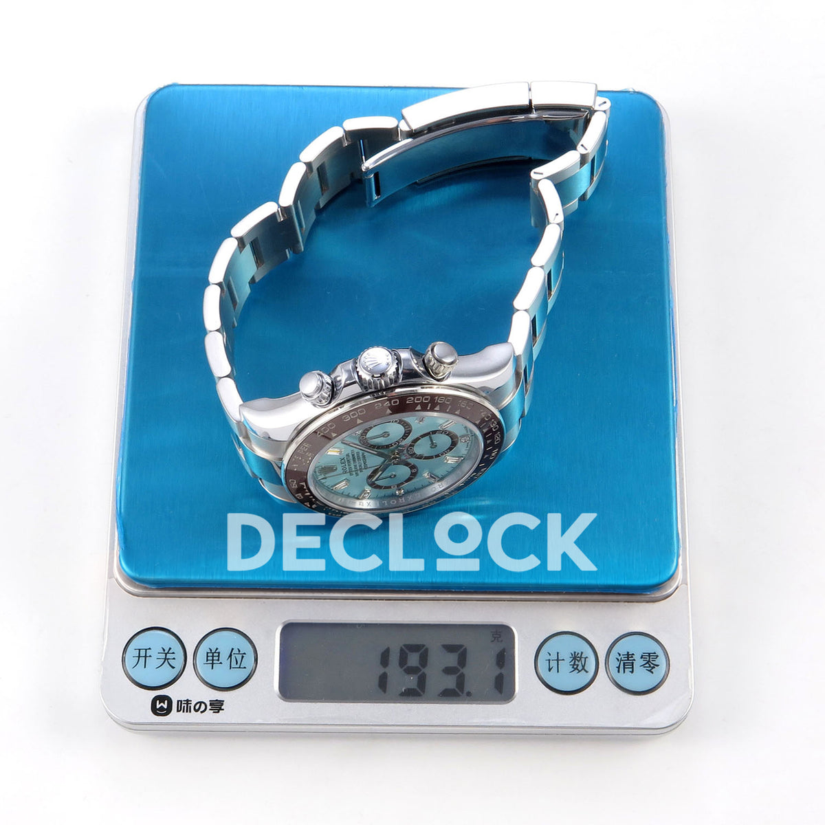 Rolex Daytona 126506 Ice Blue Crystal QF V13 replica - watch on digital scale displaying 193.1 grams