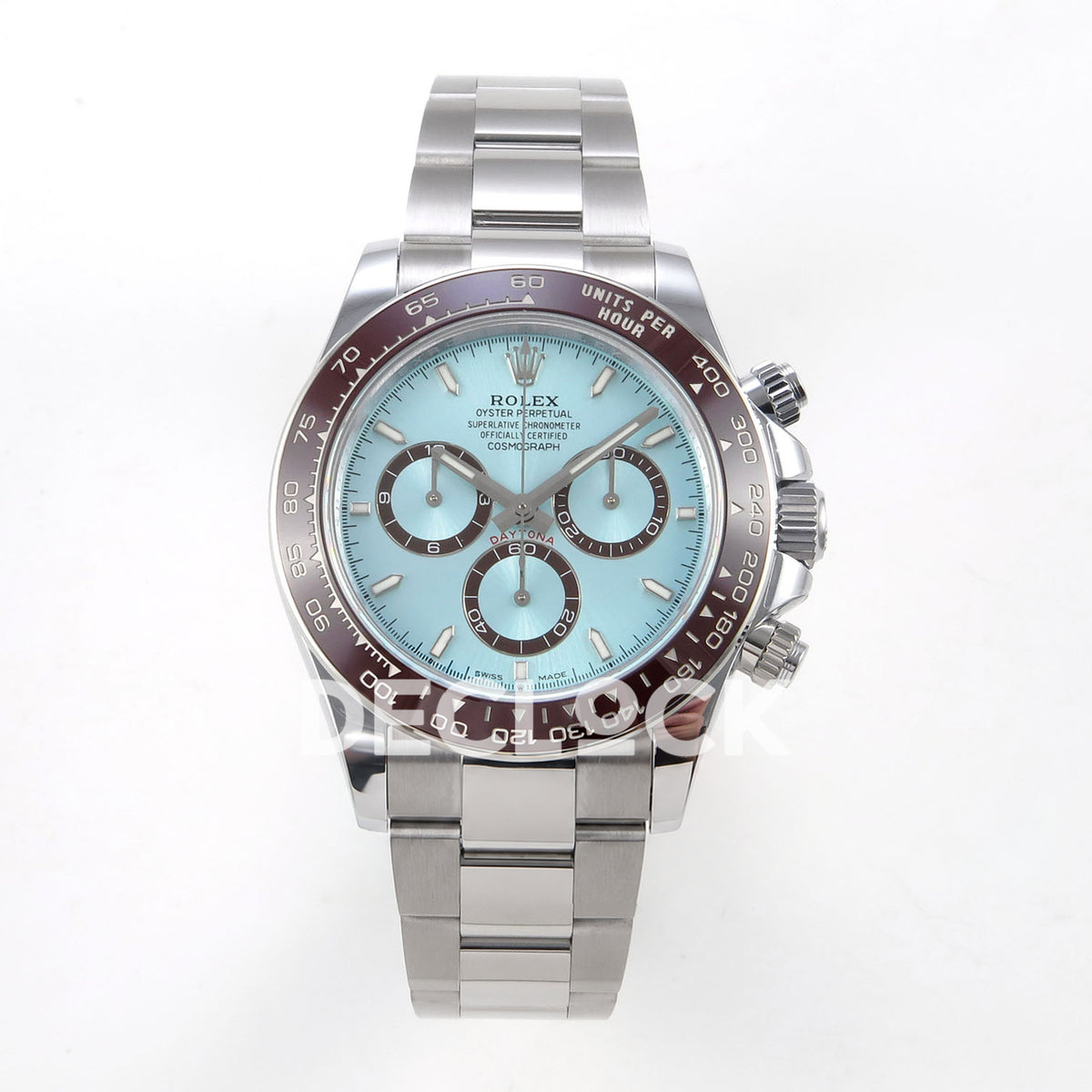 Rolex Daytona 126506 QF V13 ice-blue dial replica - front view of ice-blue dial and steel bracelet
