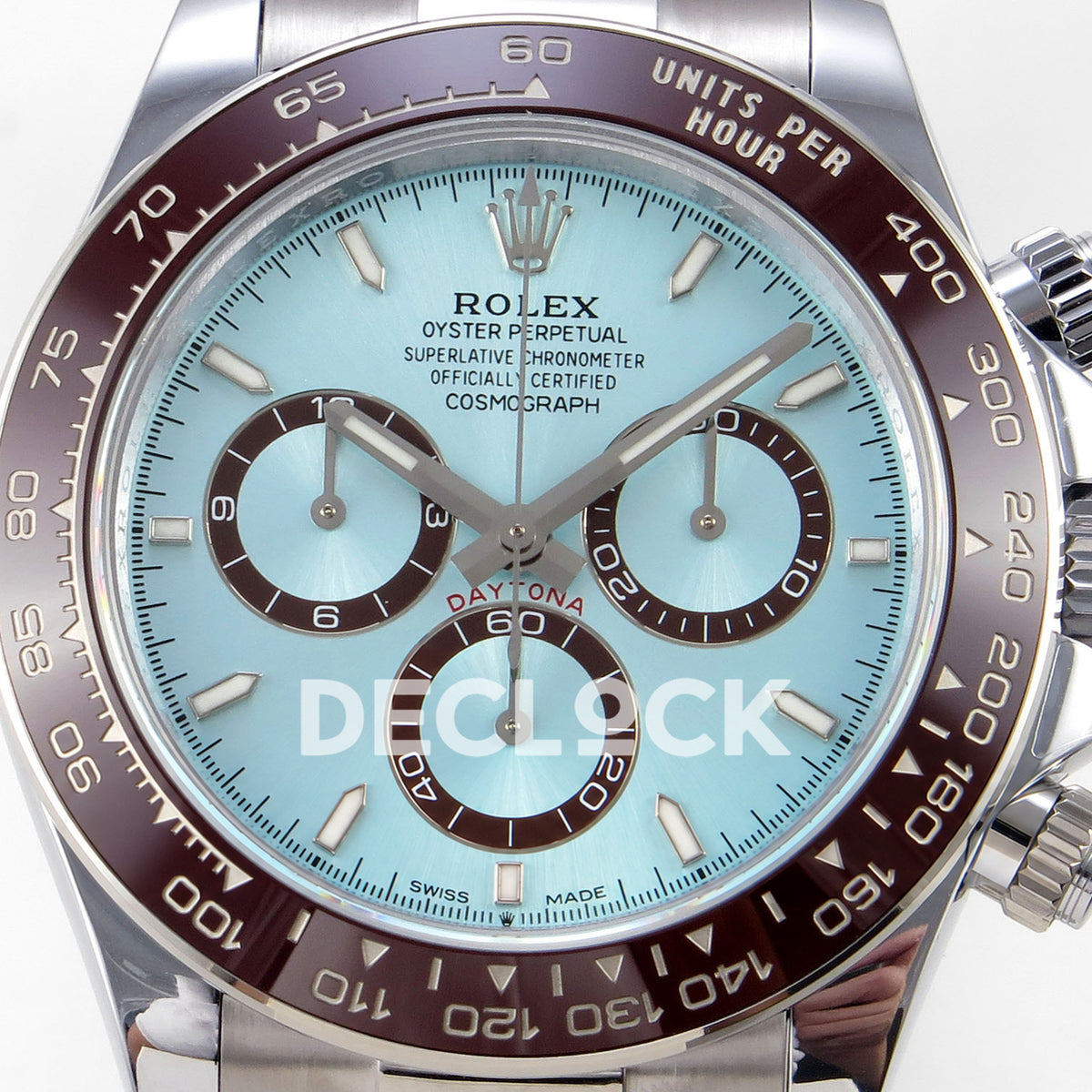Rolex Daytona 126506 QF V13 ice-blue dial replica - ice-blue dial, brown subdial rings and brown ceramic bezel close-up