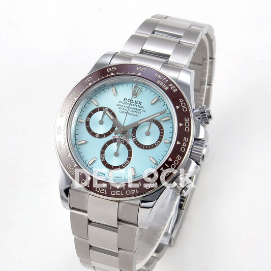 Rolex Daytona 126506 QF V13 ice-blue dial replica - angled front view of dial and steel bracelet