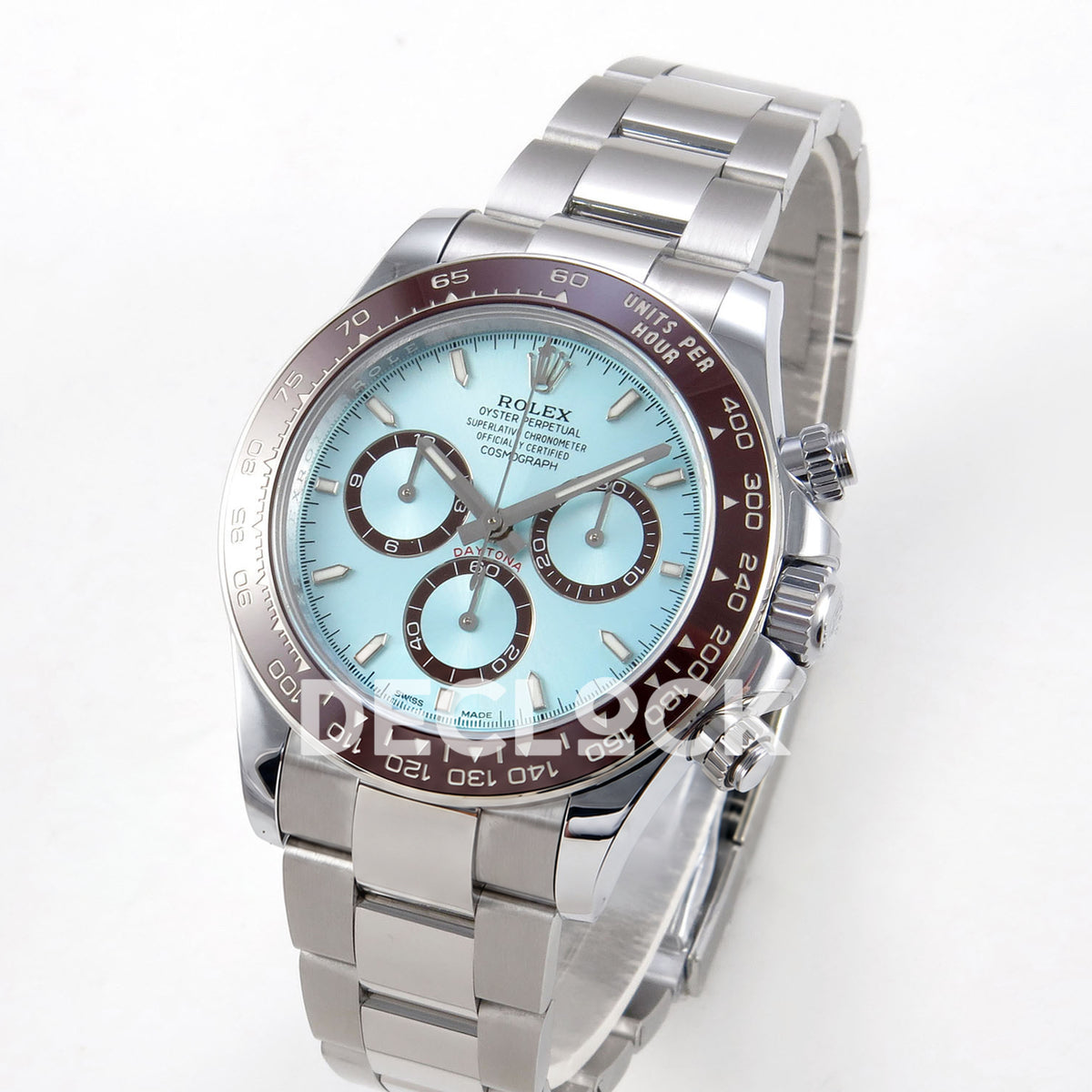 Rolex Daytona 126506 QF V13 ice-blue dial replica - angled front view of dial and steel bracelet
