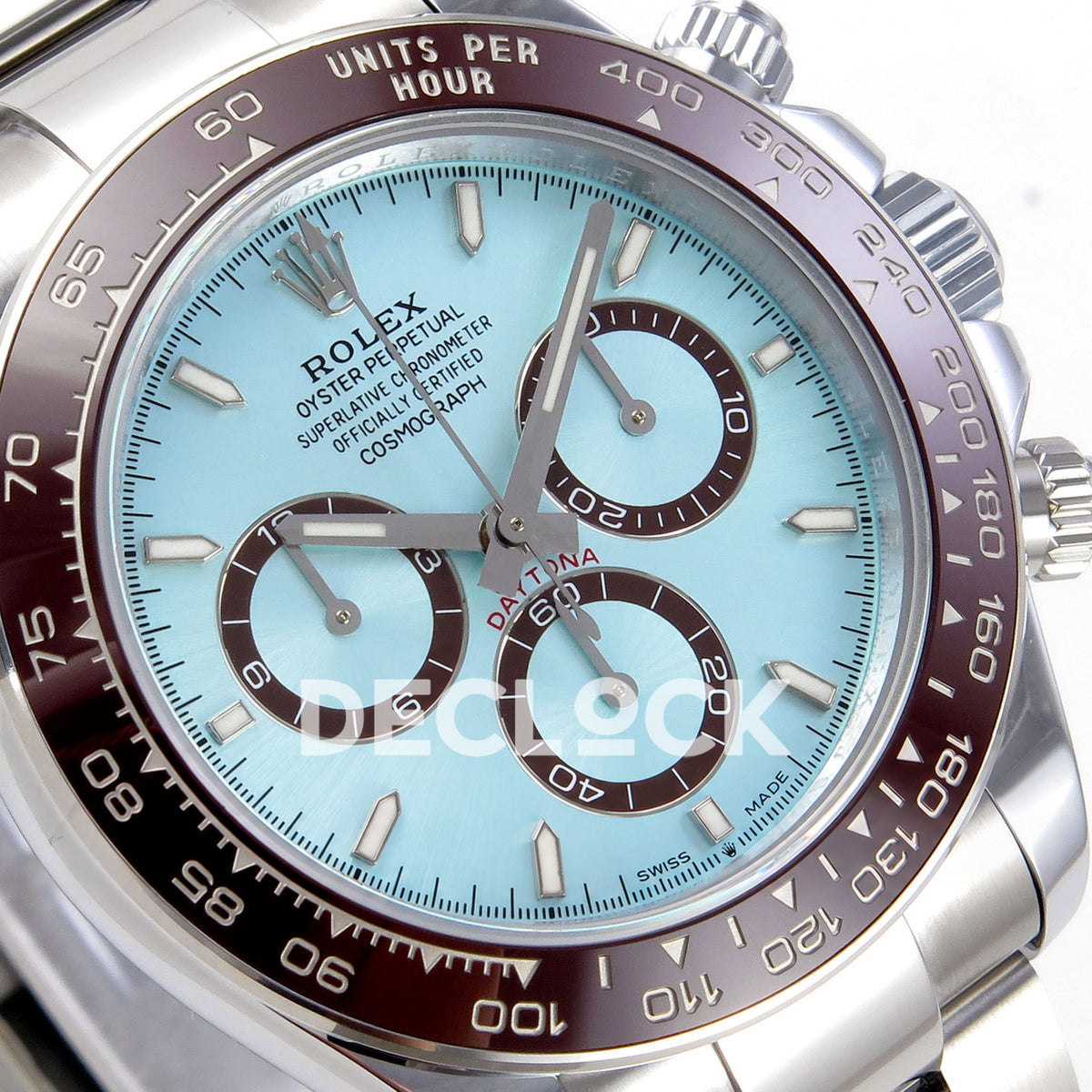 Rolex Daytona 126506 QF V13 ice-blue dial replica - angled ice-blue dial and brown subdial rings close-up