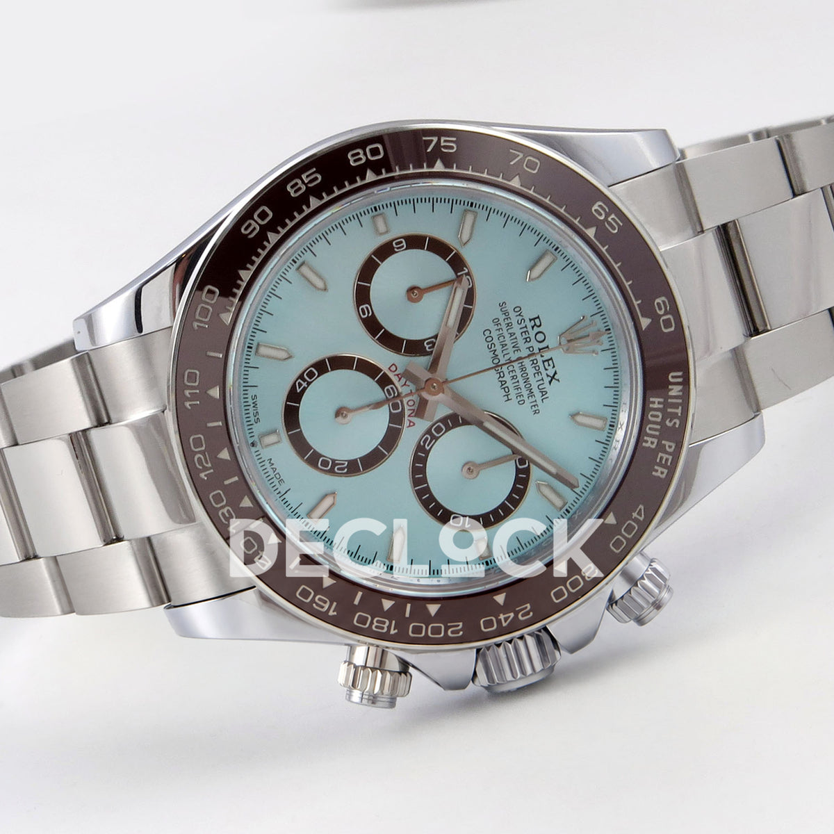 Rolex Daytona 126506 QF V13 ice-blue dial replica - horizontal front view and steel bracelet