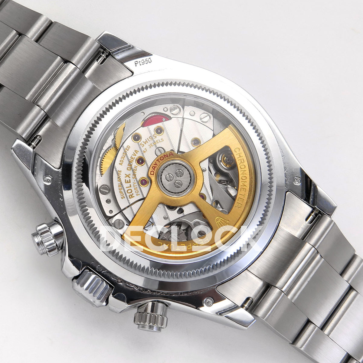 Rolex Daytona 126506 QF V13 ice-blue dial replica - transparent caseback showing the gold-tone rotor
