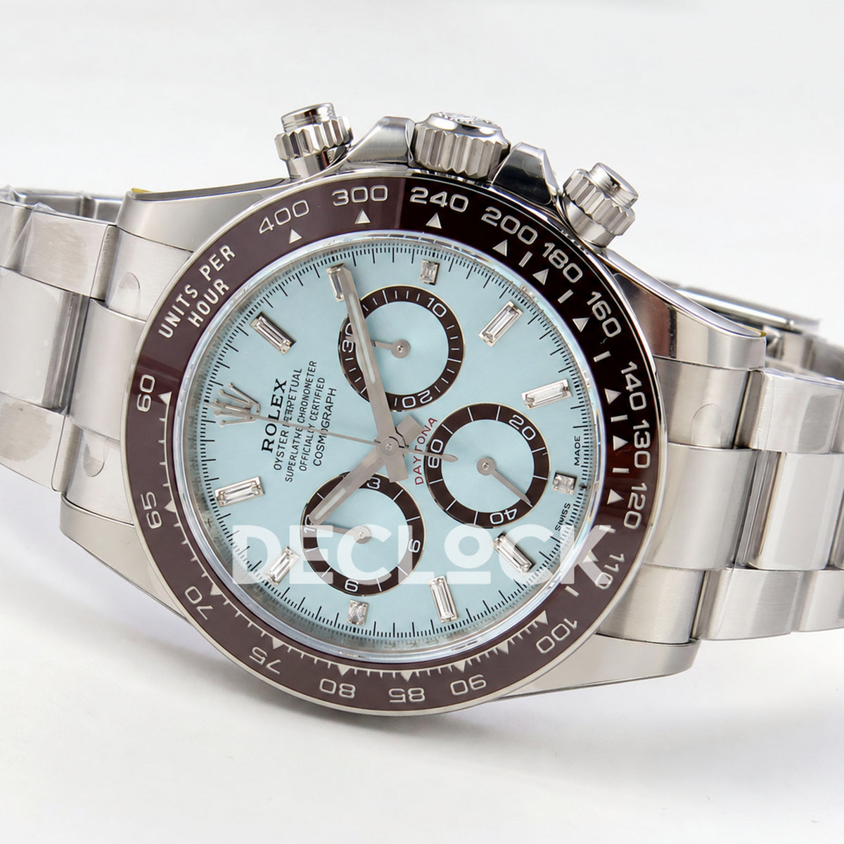 Rolex Daytona 126506 VSF, ice blue diamond markers, VS4131 V3s weighted — opposite front angle