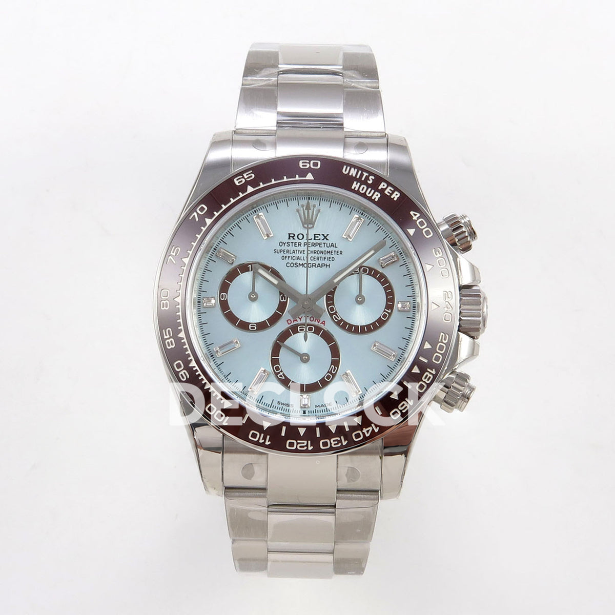 Rolex Daytona 126506 VSF DD4802 gem-marker replica - front view of ice blue dial and stainless-steel bracelet